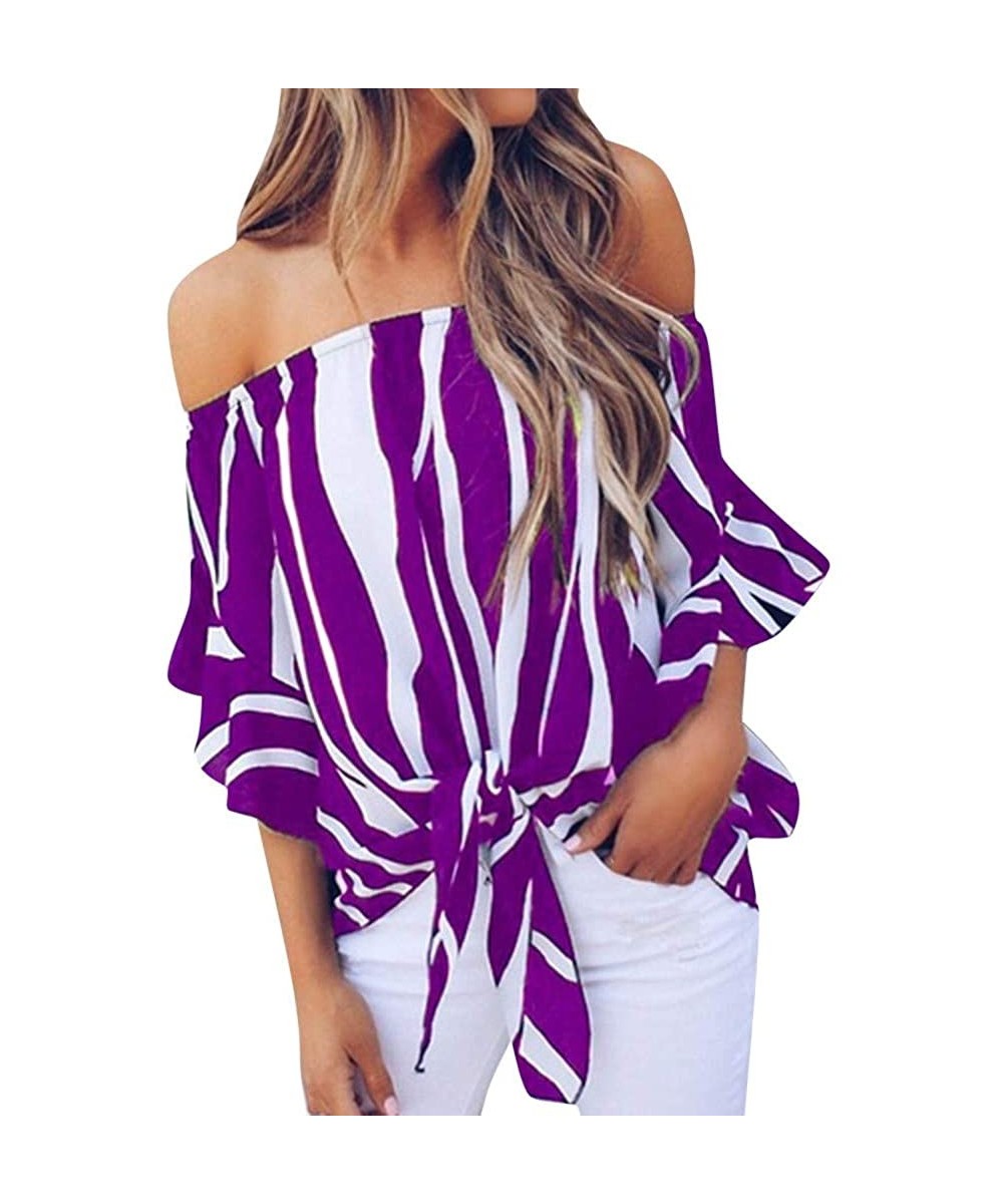 Tankinis Off Shoulder Blouses for Womens- Floral Stripe Bell Sleeve Baggy Tie Knot Tops Casual Shirts - Purple - C818MH5Z40X