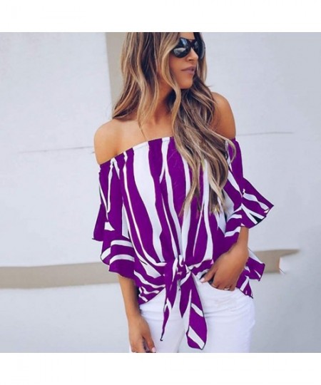 Tankinis Off Shoulder Blouses for Womens- Floral Stripe Bell Sleeve Baggy Tie Knot Tops Casual Shirts - Purple - C818MH5Z40X