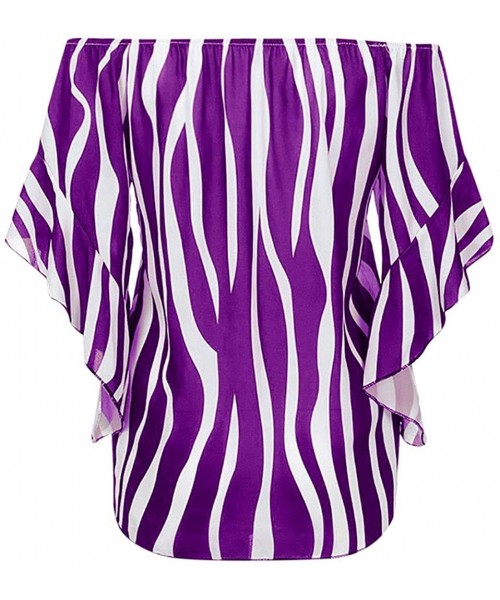 Tankinis Off Shoulder Blouses for Womens- Floral Stripe Bell Sleeve Baggy Tie Knot Tops Casual Shirts - Purple - C818MH5Z40X