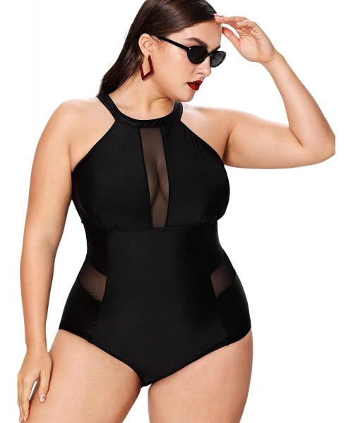 One-Pieces Women's Sexy Plus Size Swimwear High Neck V-Neckline Mesh Ruched One Piece Swimsuit - Black - CZ18LR3ZY2I