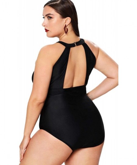 One-Pieces Women's Sexy Plus Size Swimwear High Neck V-Neckline Mesh Ruched One Piece Swimsuit - Black - CZ18LR3ZY2I