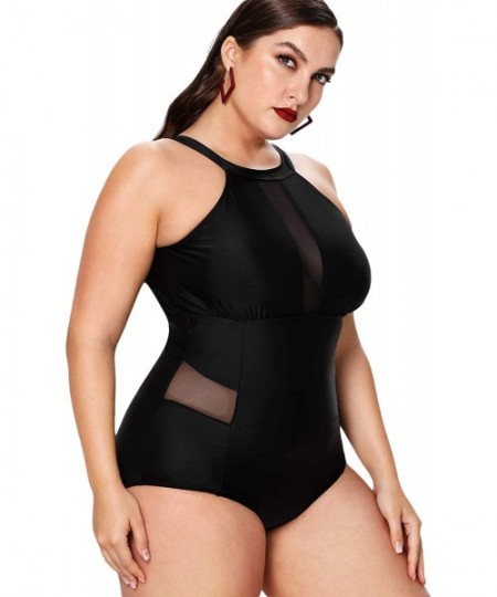 One-Pieces Women's Sexy Plus Size Swimwear High Neck V-Neckline Mesh Ruched One Piece Swimsuit - Black - CZ18LR3ZY2I