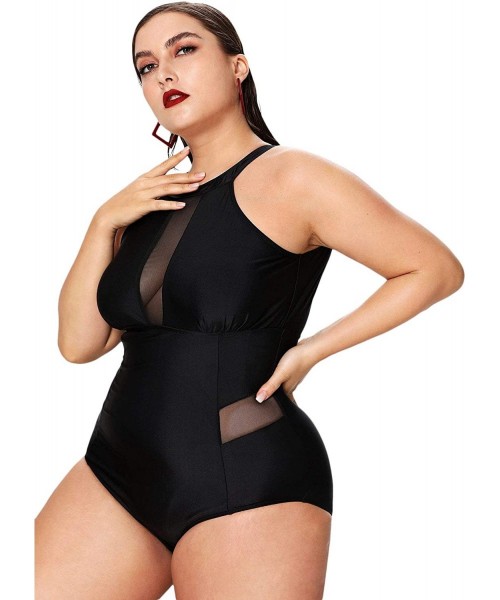 One-Pieces Women's Sexy Plus Size Swimwear High Neck V-Neckline Mesh Ruched One Piece Swimsuit - Black - CZ18LR3ZY2I