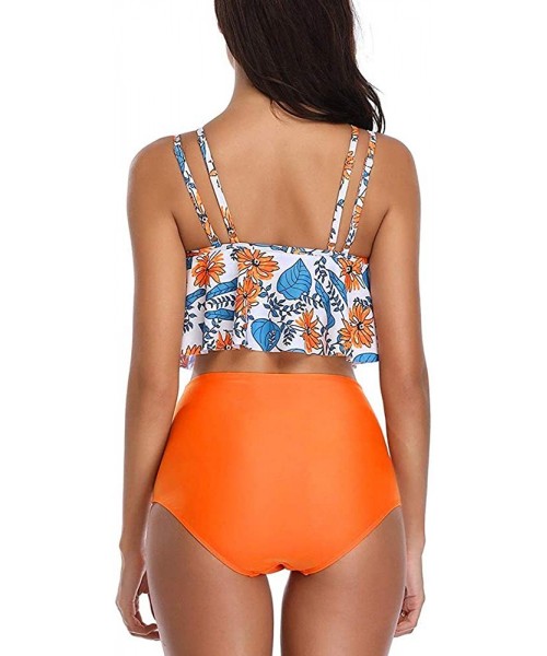 Sets High Waised Bikini Swimsuit for Women Ruffled Flounce Top Swimwear Two Piece Bathing Suits - Orange - CB19947322O