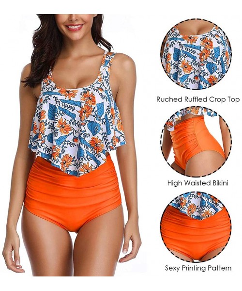 Sets High Waised Bikini Swimsuit for Women Ruffled Flounce Top Swimwear Two Piece Bathing Suits - Orange - CB19947322O