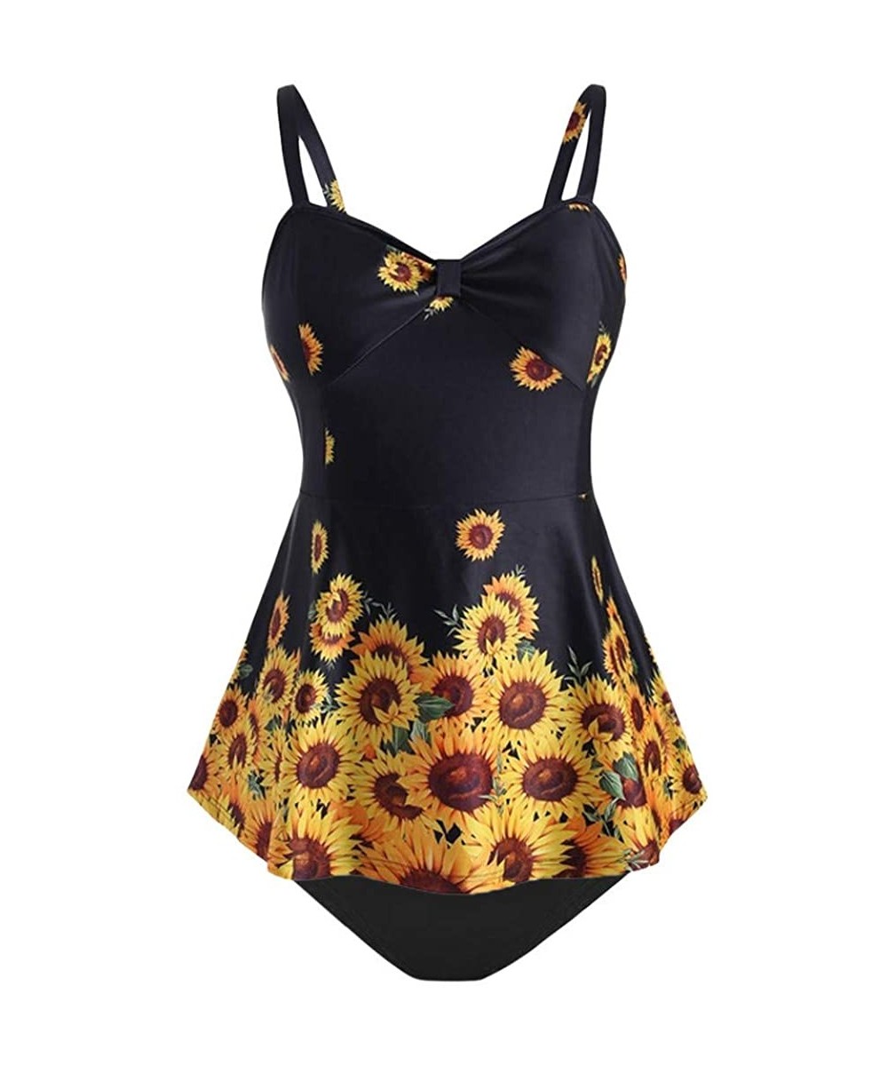 Racing Swimsuits 2 Pieces-Women Plus Size Ladies Sunflower Printed Slimming Wave-Edged Split Swimming Top - Black - CN18TEE3H5T