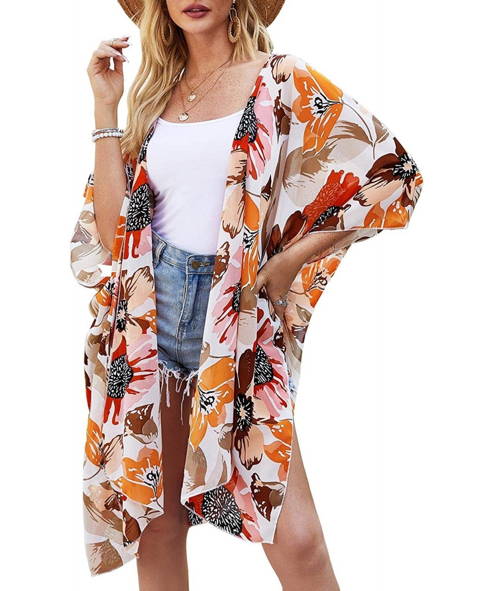 Cover-Ups Women's Floral Long Kimono Flowy Cardigan Loose Swimwear Open Front Casual Cover Up Tops - Multi02 - C6193THU49I