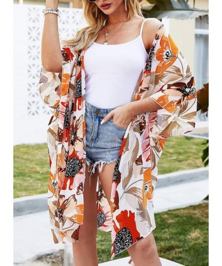 Cover-Ups Women's Floral Long Kimono Flowy Cardigan Loose Swimwear Open Front Casual Cover Up Tops - Multi02 - C6193THU49I