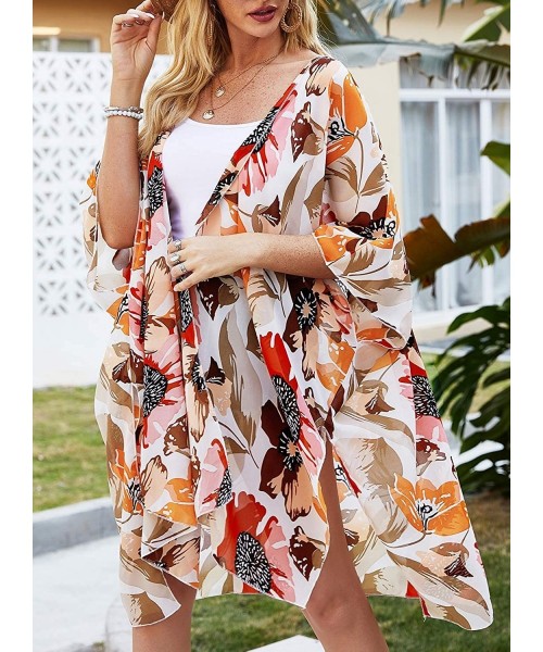 Cover-Ups Women's Floral Long Kimono Flowy Cardigan Loose Swimwear Open Front Casual Cover Up Tops - Multi02 - C6193THU49I