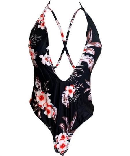 One-Pieces Women's One Piece Floral Printed Swimsuits Tummy Control Monokini Bathing Suits Sexy Low Back V-Neck Swimwear Beac...