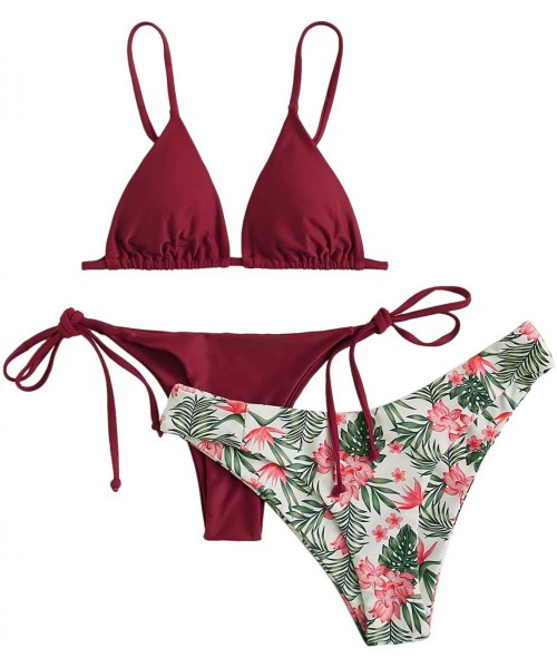 Sets Women's 3 Pieces Triangle Tie Back Bikini Set Cheeky Bathing Suits Swimsuit - Red - CC196OQHM7D