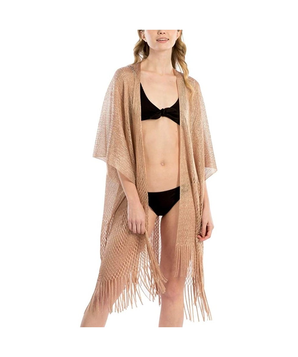 Cover-Ups Women Summer Beach Swimsuit Bikini Cover Up Kimono Cardigan - Metallic Net Shawl - Rose Gold - CC18QREHZK4