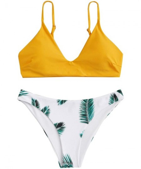 Sets Women's Tropical Print V Neck Bikini 2 Piece Swimsuit Set - Yellow - C6194ATEQO8