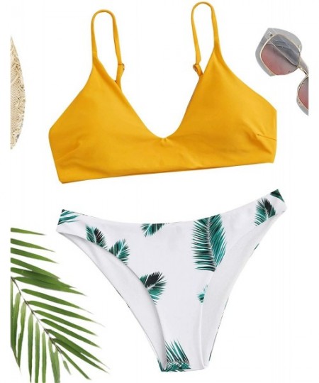 Sets Women's Tropical Print V Neck Bikini 2 Piece Swimsuit Set - Yellow - C6194ATEQO8