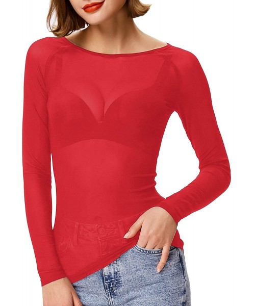 Cover-Ups Women's Basic Long Sleeves Mesh Sheer Tops - Red - CL18SGG7OXM