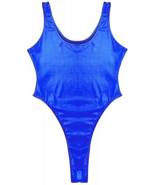 Racing Woman's PVC Leather Wet Look Metallic Thong Bodysuit High Cut Leotard One-Piece Monokini Swimsuit - Blue - CT18SYUEM4Z