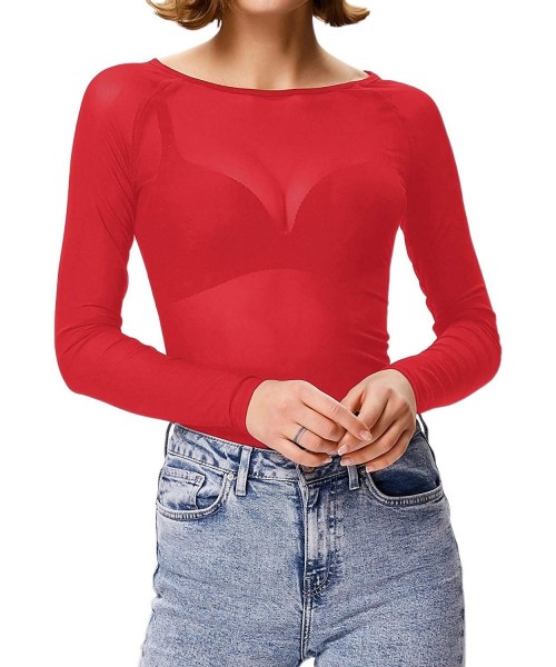 Cover-Ups Women's Basic Long Sleeves Mesh Sheer Tops - Red - CL18SGG7OXM