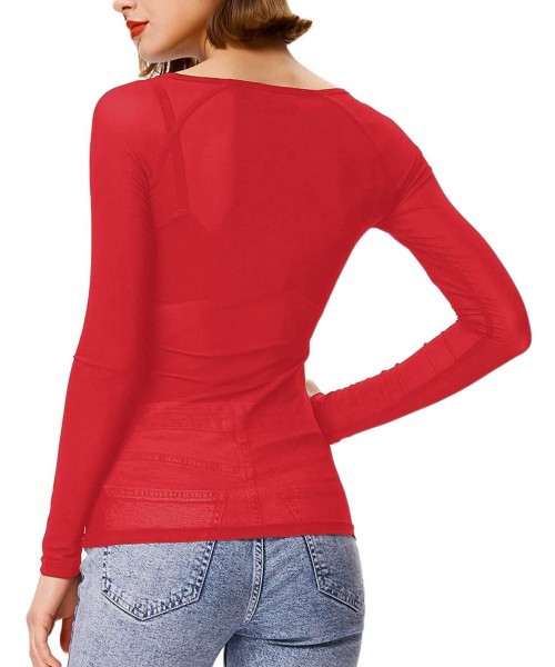 Cover-Ups Women's Basic Long Sleeves Mesh Sheer Tops - Red - CL18SGG7OXM