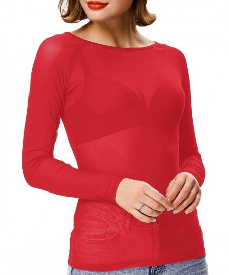 Cover-Ups Women's Basic Long Sleeves Mesh Sheer Tops - Red - CL18SGG7OXM