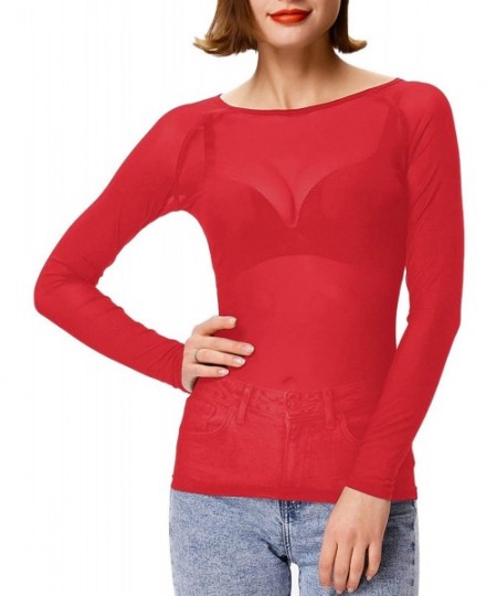 Cover-Ups Women's Basic Long Sleeves Mesh Sheer Tops - Red - CL18SGG7OXM