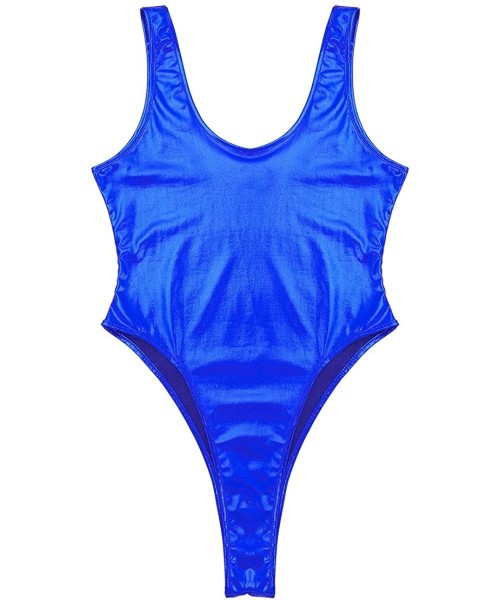 Racing Woman's PVC Leather Wet Look Metallic Thong Bodysuit High Cut Leotard One-Piece Monokini Swimsuit - Blue - CT18SYUEM4Z