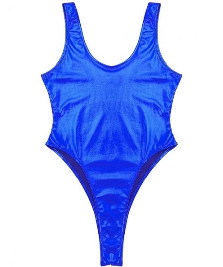 Racing Woman's PVC Leather Wet Look Metallic Thong Bodysuit High Cut Leotard One-Piece Monokini Swimsuit - Blue - CT18SYUEM4Z