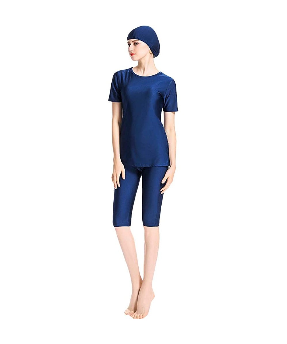 Racing Women Modest Muslim Solid Color Swimwear for Women Girls Bathing Suit with Cap - Navy - CV18R8WW289