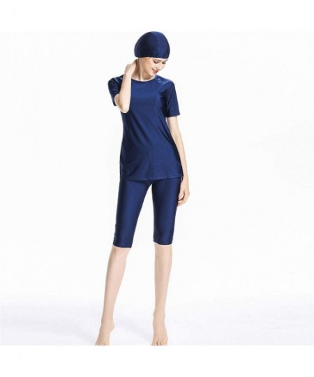 Racing Women Modest Muslim Solid Color Swimwear for Women Girls Bathing Suit with Cap - Navy - CV18R8WW289