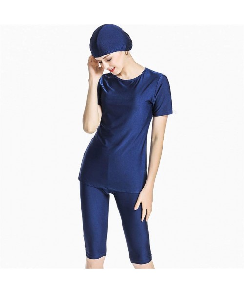 Racing Women Modest Muslim Solid Color Swimwear for Women Girls Bathing Suit with Cap - Navy - CV18R8WW289