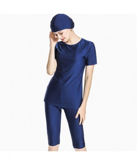 Racing Women Modest Muslim Solid Color Swimwear for Women Girls Bathing Suit with Cap - Navy - CV18R8WW289