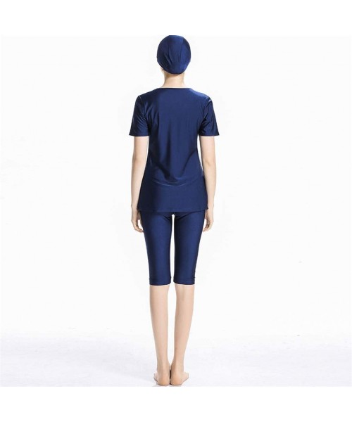 Racing Women Modest Muslim Solid Color Swimwear for Women Girls Bathing Suit with Cap - Navy - CV18R8WW289