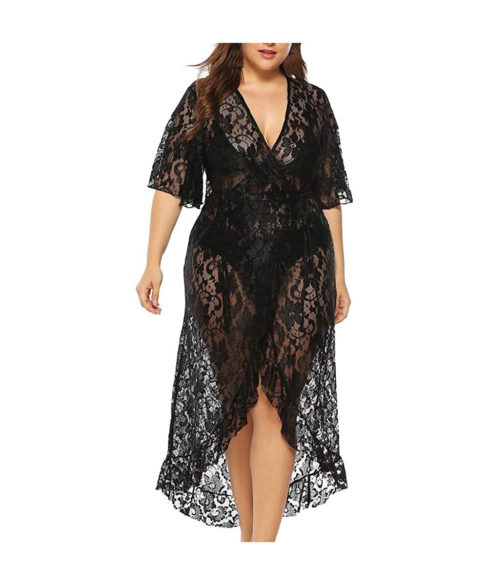 Cover-Ups Women Bathing Cover Ups Sexy Perspective Floral Lace Open Front Long Swimsuit Kimono Cover Ups Beach Sheer Shirt Bl...