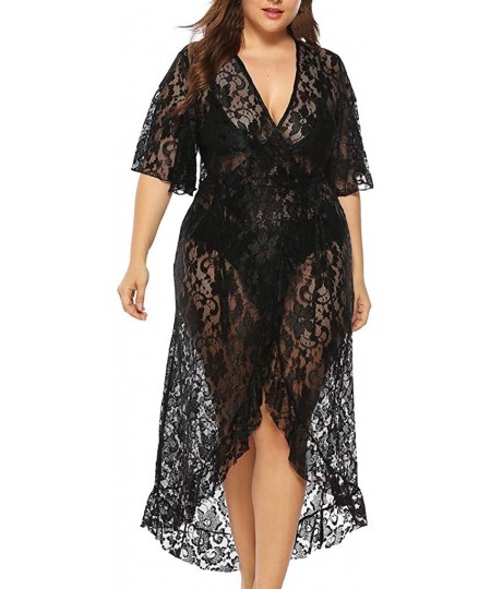 Cover-Ups Women Bathing Cover Ups Sexy Perspective Floral Lace Open Front Long Swimsuit Kimono Cover Ups Beach Sheer Shirt Bl...