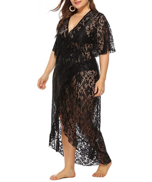 Cover-Ups Women Bathing Cover Ups Sexy Perspective Floral Lace Open Front Long Swimsuit Kimono Cover Ups Beach Sheer Shirt Bl...