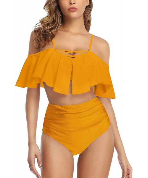 Sets Women Ruffled Off Shoulder Flounce Falbala Top Tiered Ruched Swimsuit High Waist Bikini Set - Yellow - CF18WTZNTUZ