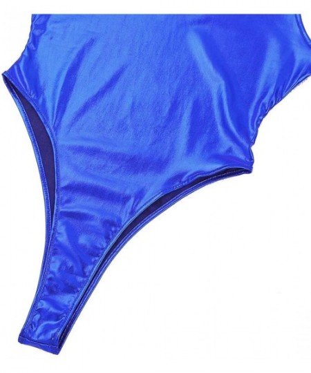 Racing Woman's PVC Leather Wet Look Metallic Thong Bodysuit High Cut Leotard One-Piece Monokini Swimsuit - Blue - CT18SYUEM4Z