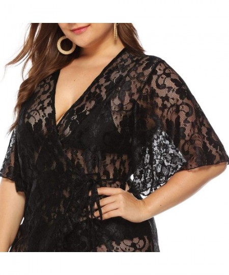 Cover-Ups Women Bathing Cover Ups Sexy Perspective Floral Lace Open Front Long Swimsuit Kimono Cover Ups Beach Sheer Shirt Bl...