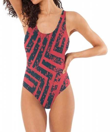 One-Pieces Women's Adjustable Strap One Piece Red Squid Monokini Swimsuit - Red Industrial Maze Grunge Effect - CZ18R3TYI2C