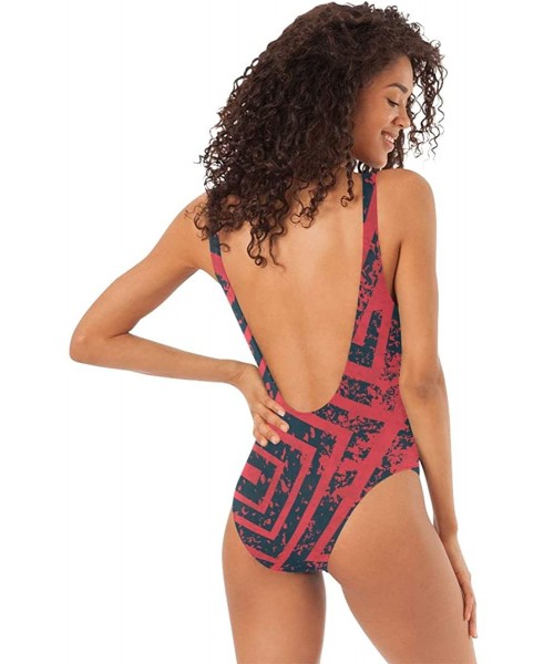 One-Pieces Women's Adjustable Strap One Piece Red Squid Monokini Swimsuit - Red Industrial Maze Grunge Effect - CZ18R3TYI2C