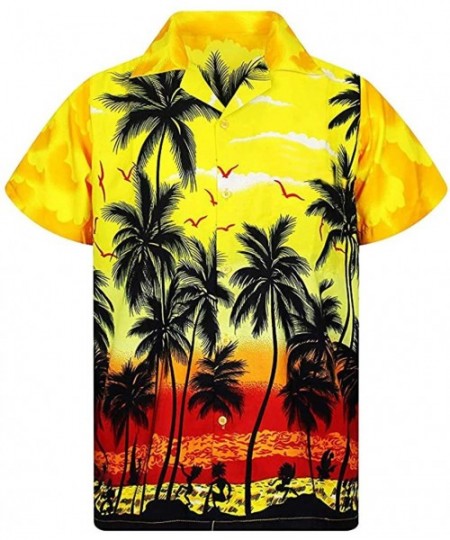 Rash Guards Funky Hawaiian Shirt Men Short-Sleeve Front-Pocket Beach Palm Multi Colors - Yellow - CL194N74YAO