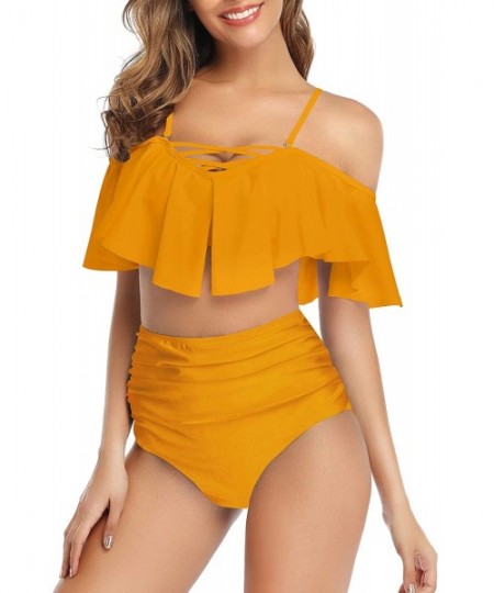 Sets Women Ruffled Off Shoulder Flounce Falbala Top Tiered Ruched Swimsuit High Waist Bikini Set - Yellow - CF18WTZNTUZ