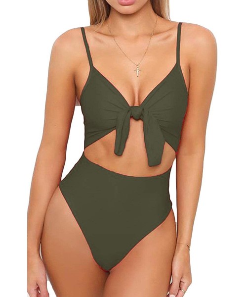 Sets Womens Tie Knot Front Bikini Spaghetti Strap Cut Out High Waist One Piece Brazilian Swimsuits - Army Green - CM18EDMERZ4