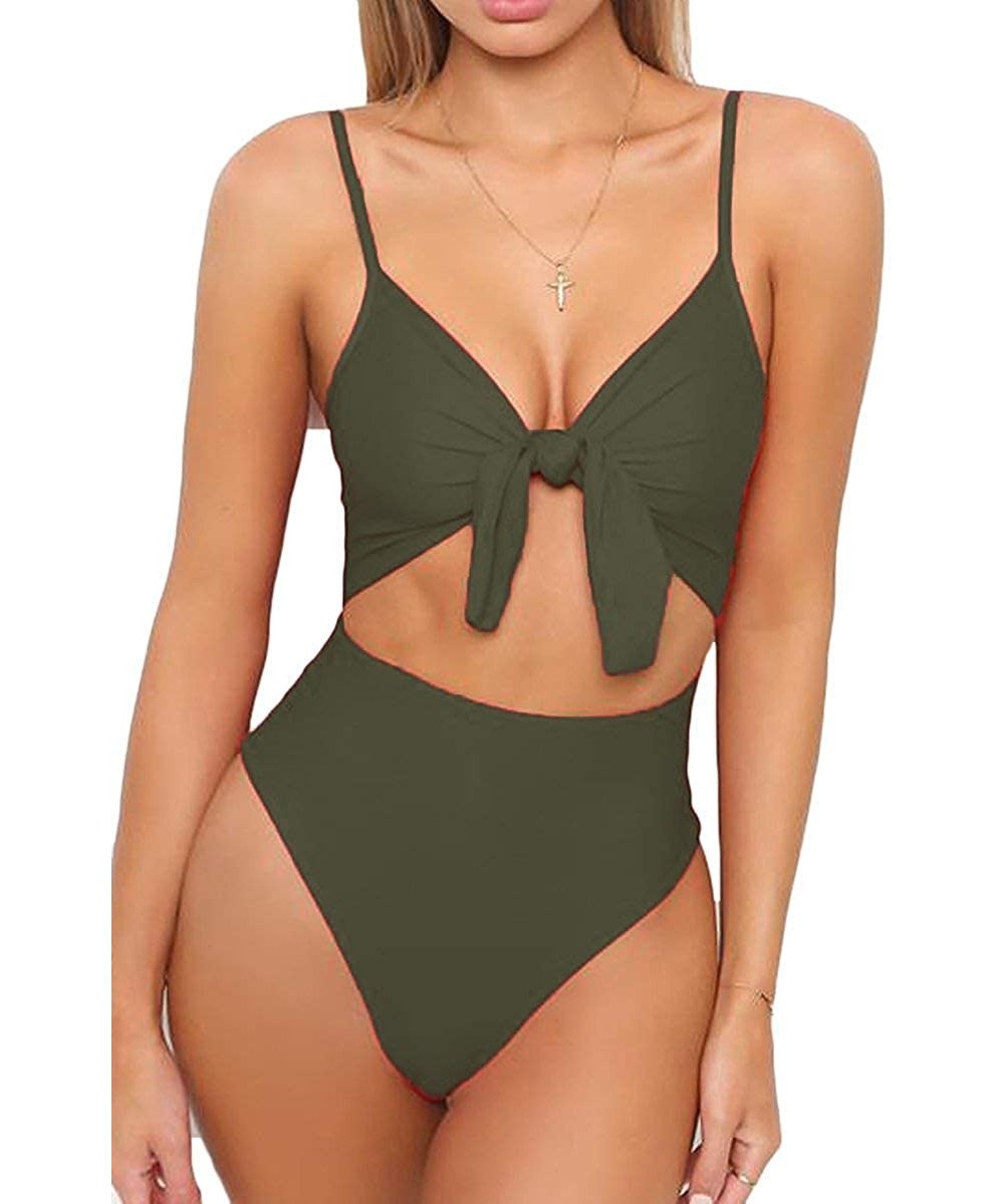 Sets Womens Tie Knot Front Bikini Spaghetti Strap Cut Out High Waist One Piece Brazilian Swimsuits - Army Green - CM18EDMERZ4