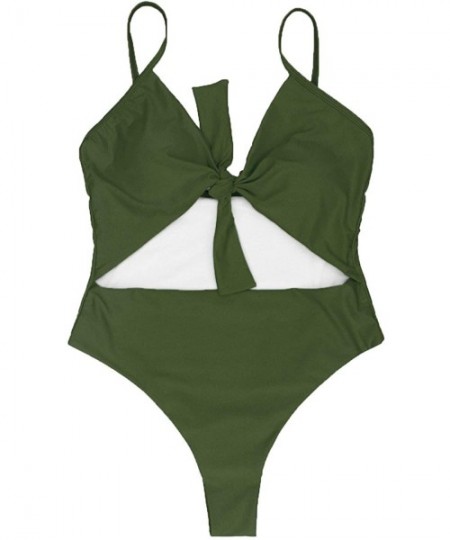 Sets Womens Tie Knot Front Bikini Spaghetti Strap Cut Out High Waist One Piece Brazilian Swimsuits - Army Green - CM18EDMERZ4