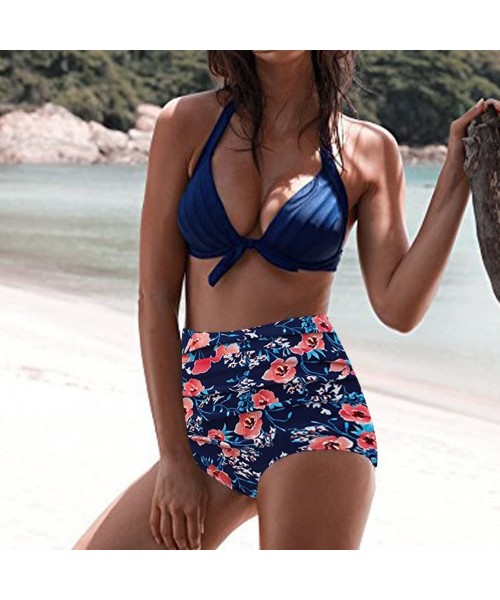 Tankinis Women's High Waist Bikini Swimwear Women's Vintage Print Beachwear Bikini Set Swimwear - C1-red - CC196LY2KSZ