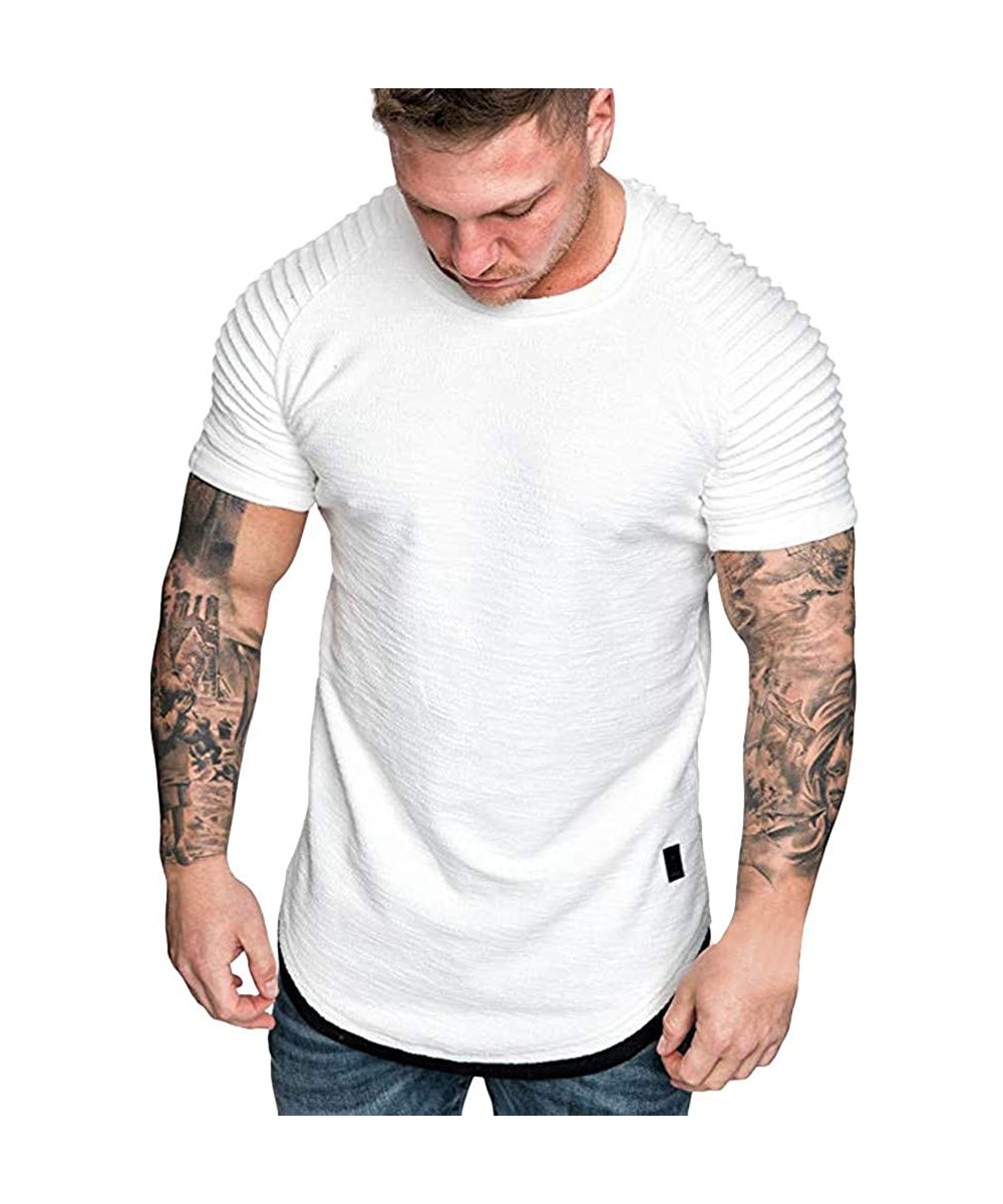 Rash Guards Men's Running Shirts Fashion Summer Pleats Slim Raglan Short Sleeve Top Blouse - White - C91943TLTEY