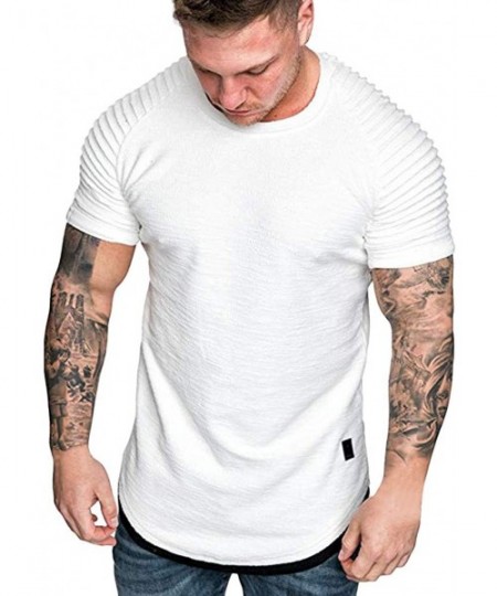 Rash Guards Men's Running Shirts Fashion Summer Pleats Slim Raglan Short Sleeve Top Blouse - White - C91943TLTEY