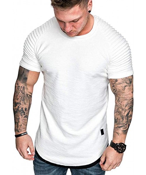 Rash Guards Men's Running Shirts Fashion Summer Pleats Slim Raglan Short Sleeve Top Blouse - White - C91943TLTEY