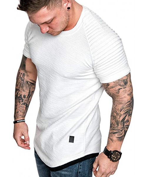 Rash Guards Men's Running Shirts Fashion Summer Pleats Slim Raglan Short Sleeve Top Blouse - White - C91943TLTEY