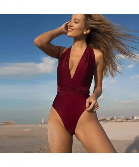 Racing Womens One Piece Swimsuits Push Up Padded Bikini Deep V Self Tie Multiway Swimsuit Swimwear - Wine Red - CW196T58ANT